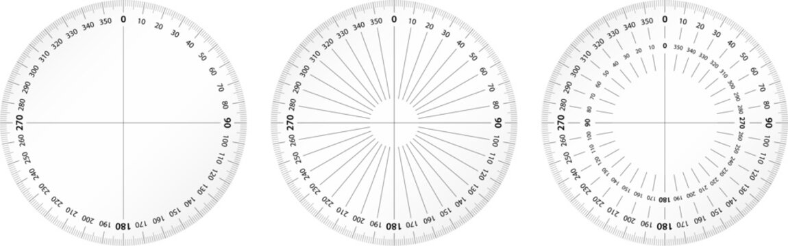 Protractor round ruler for architecture measure. Math tool for angle degree blueprint drawing. Circular scale gauge isolated on white background.
