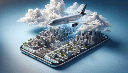 Plane Hovering Above Smartphone Displaying Cityscape