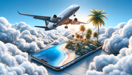 Plane Floating Above Smartphone Displaying Beach Scene