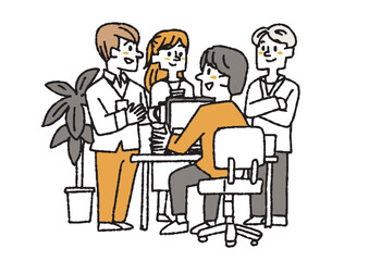 会話をして仕事を進めるビジネスチームのイラスト　コミカルな手書きの人物　ベクター、線画にカラー
