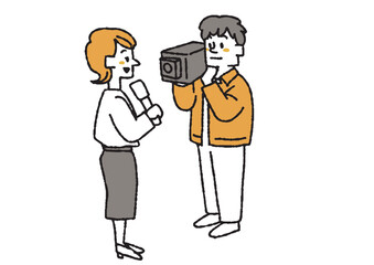 インタビューをする人物のイラストセット　コミカルな手書きの人物　ベクター、線画にカラー