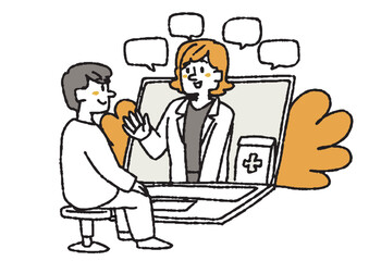 インターネットで薬を処方してもらう人物　コミカルな手書きの人物　ベクター、線画にカラー