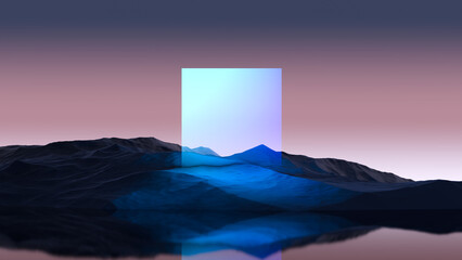 Fantasy landscape of mountains, water and sky horizon at dusk with a glowing neon square. Abstract futuristic landscape, blur. 3D render