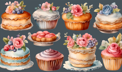 Set of colorful cake vector illustrations isolated on blue background