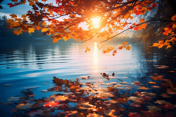 Fall leaves on the lake reflecting in the sun