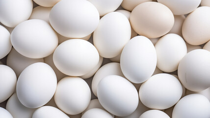 Close-up of many white eggs background. AI Generative.