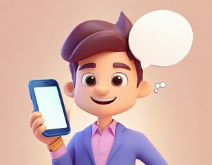 A cute person big eyes holds a smartphone with a white screen with a white circle frame floating.