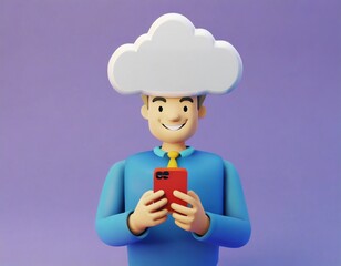 A cute person big eyes holds a smartphone with a white screen with a white circle frame floating.