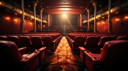 Cinema with rows of seats and a large screen for watching movies - obrazy, fototapety, plakaty