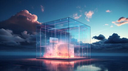 Abstract scene with glass cube and clouds on blue sky reflected in water - obrazy, fototapety, plakaty
