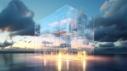 Abstract scene with glass cube and clouds on blue sky reflected in water