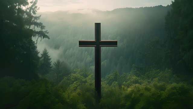 Concept photo of a cross on a hill, surrounded by a thick forest of evergreen trees, highlighting the idea of faith as a source of strength and stability in the midst of a chaotic world.