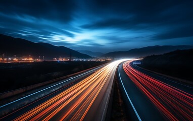 Highway in the mountains at night with fog and light trails.