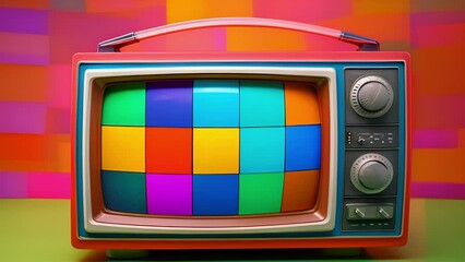A vintage television set with a large bulky frame featuring an array of six rainbowhued dials and a small curved black and white screen with a geometric scifi pattern