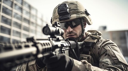 Soldado atento apuntando un rifle de precisión en zona urbana, vestido con equipo táctico completo - obrazy, fototapety, plakaty