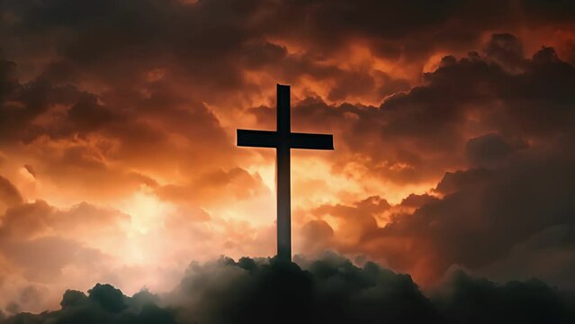 The cross stands out starkly against the fiery clouds, its dark silhouette a powerful symbol of the depth of Christs suffering.