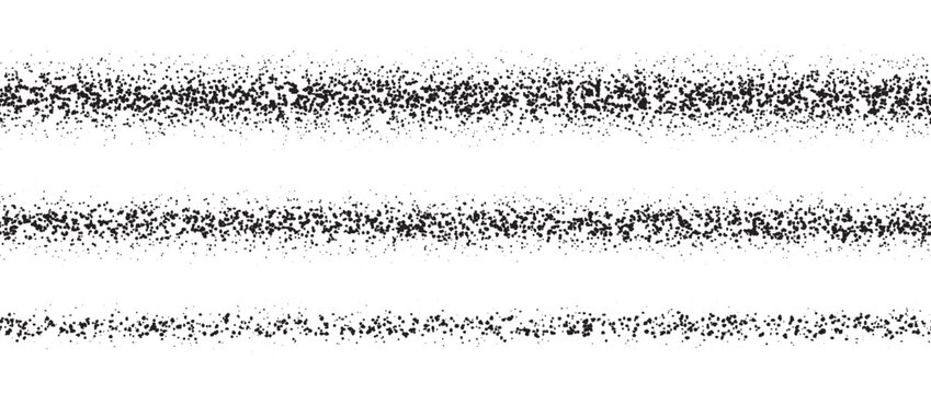 Repeating stippled stroke set. Grain dotted brush lines collection. Grunge sprinkle spray texture pack. Dirty dust sand noise horizontal elements. Splattered dotted stripes and dividers. Vector bundle