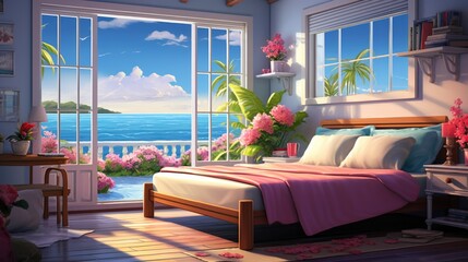 Oceanfront bedroom with wooden floor, pink bedspread, overlooking calm sea. Interior design inspiration.