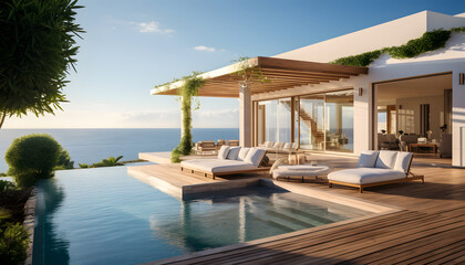 Fototapeta premium Luxury beach house with sea view swimming pool and empty terrace in modern design. holiday villa.