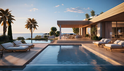 Luxury beach house with sea view swimming pool and empty terrace in modern design.
holiday villa.