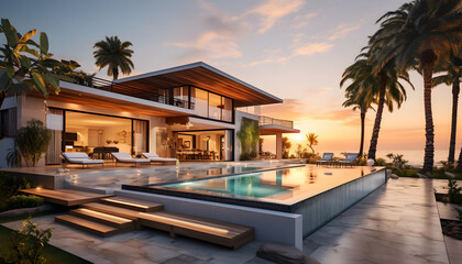 Obraz premium Luxury beach house with sea view swimming pool and empty terrace in modern design. holiday villa.