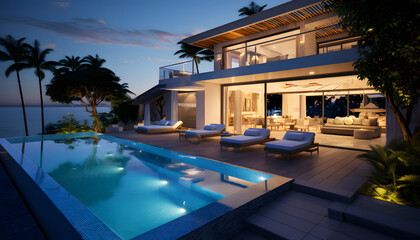 Luxury beach house with sea view swimming pool and empty terrace in modern design.
holiday villa.