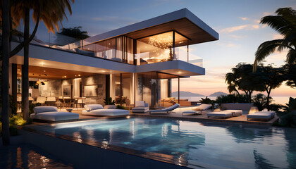 Fototapeta premium Luxury beach house with sea view swimming pool and empty terrace in modern design. holiday villa.