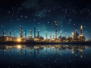 Naklejka premium Silhouette of refinery structures against the backdrop of a starry night.