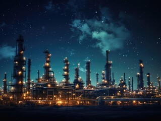 Fototapeta premium Silhouette of refinery structures against the backdrop of a starry night.