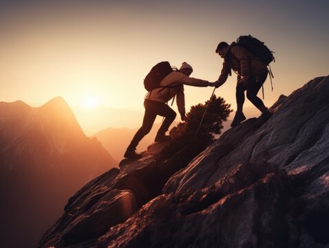 People helping each other climb the mountain at sunrise, giving a helping hand