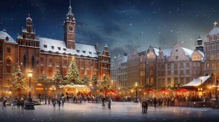 Fototapeta na wymiar Snowy European town square, adorned Christmas tree and bustling market stalls. Winter holidays in city.