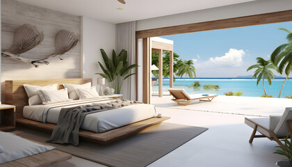 
Sea view bedroom of luxury summer beach house with double bed near balcony. wooden floor and swimming . 
holiday pool villa.
 - obrazy, fototapety, plakaty