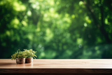 Empty wooden table with vase blurred on green forest background
