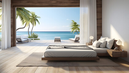 
Sea view bedroom of luxury summer beach house with double bed near balcony. wooden floor and swimming . 
holiday pool villa.
