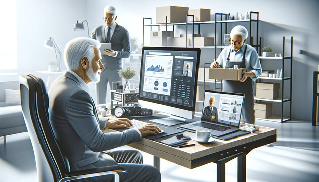 The portrait of seniors running online businesses, presenting a professional and clean-cut image of seniors at work, with a 16:9 image ratio suitable for a desktop background.