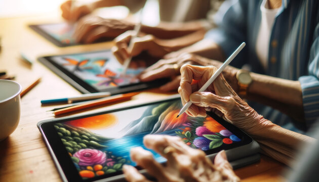 The portrait of a tablet art class for the elderly, featuring soft-focus images of hands on tablets, with a 16:9 image ratio suitable for a desktop background.