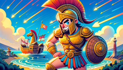 A whimsical animated art piece featuring Achilles, suitable for a desktop background with a 16:9 image ratio.