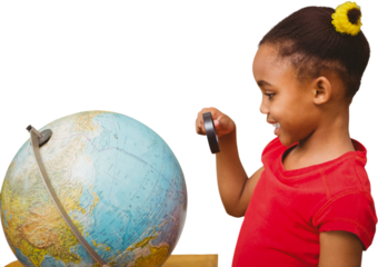 Digital png photo of african american schoolgirl with school globe on transparent background