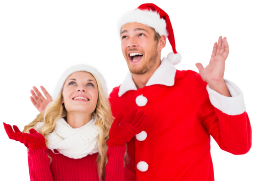 Digital png photo of happy caucasian couple with christmas hats on transparent background