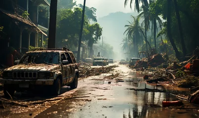 Poster flooded streets on a tropical island following a hurricane © Aryanedi