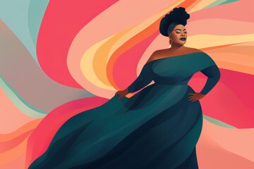 A beautiful black woman of plus size, fierce and proud, dancing in a beautiful dress, colorful illustration	 - obrazy, fototapety, plakaty