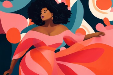 A beautiful black woman of plus size, fierce and proud, dancing in a beautiful dress, colorful illustration	