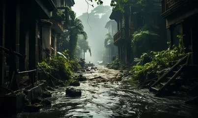 Fotobehang flooded streets on a tropical island following a hurricane © Aryanedi