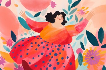 A beautiful happy woman of plus size, fierce and proud, dancing in a beautiful dress, colorful illustration	