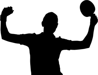 Digital png silhouette of male table tennis player raising hands on transparent background