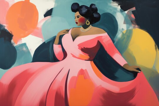 A beautiful black woman of plus size, fierce and proud, dancing in a beautiful dress, colorful illustration	