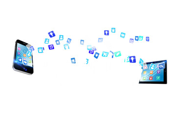 Digital png illustration of smartphone and tablet with flying icons on transparent background