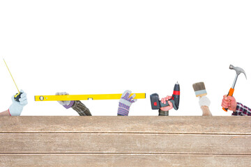 Digital png photo of planks and hands holding work tools on transparent background