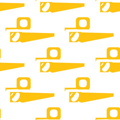 Digital png illustration of yellow saws and measuring tapes repeated on transparent background