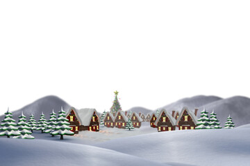 Digital png illustration of snow covered field with houses and trees on transparent background